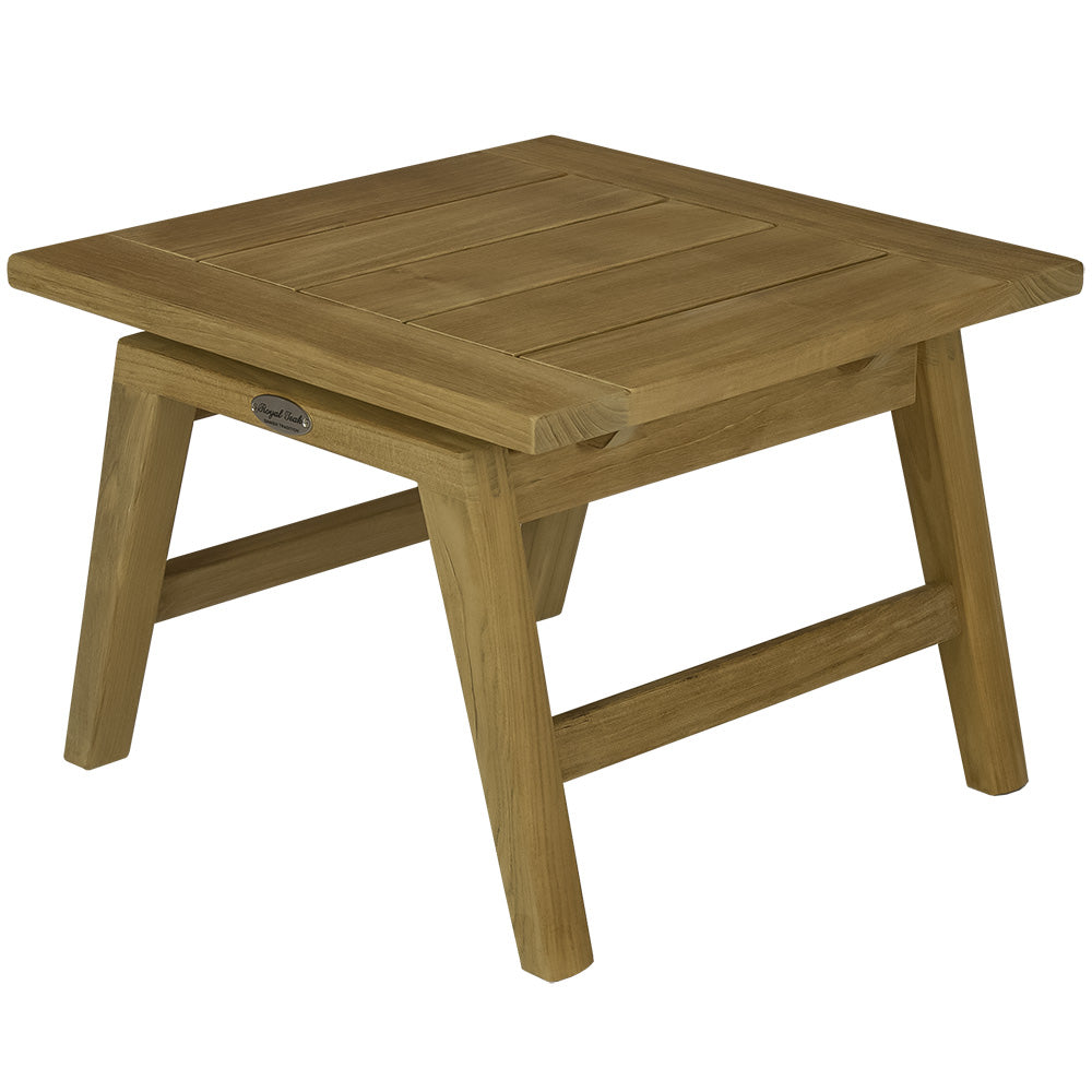 Square teak side table with slatted top and drawer front with metal handle