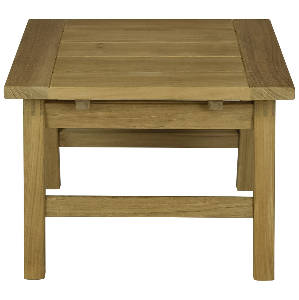 Square teak side table with open lower shelf and solid top panel