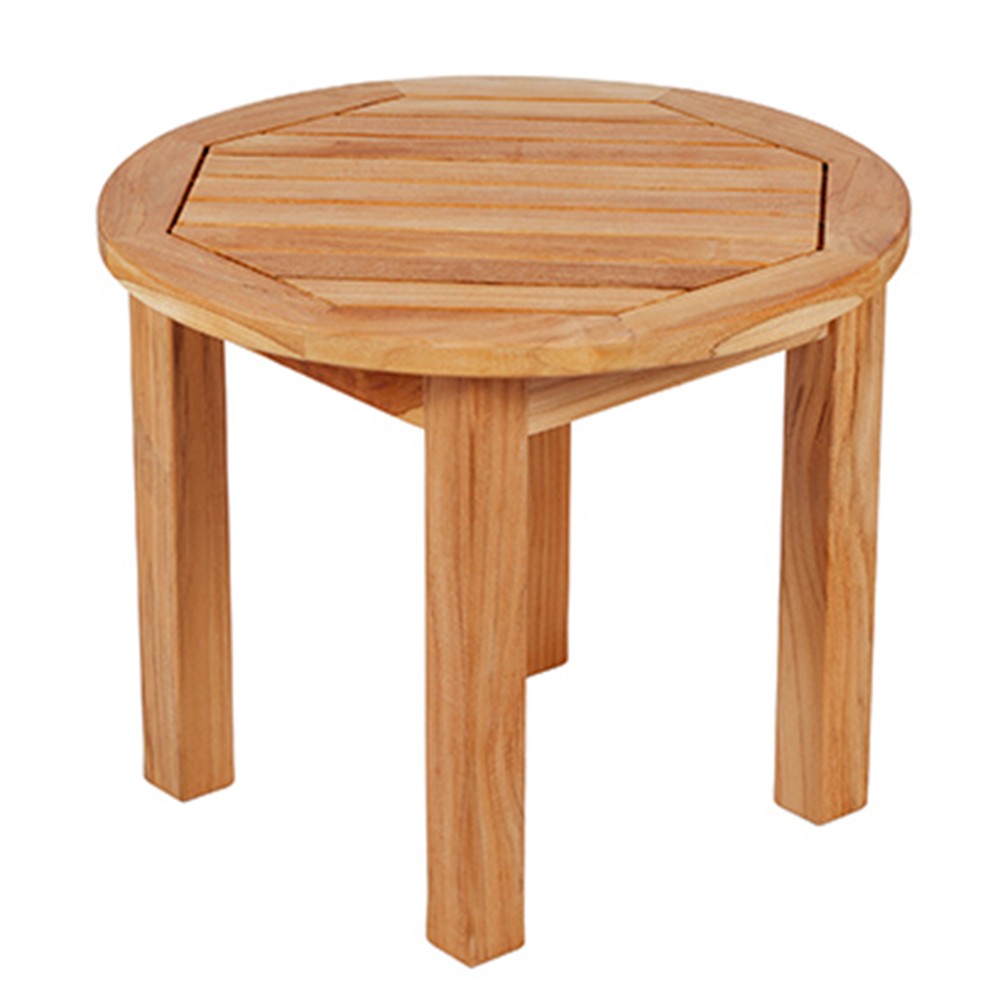 Round teak side table with slatted top inset and four tapered legs