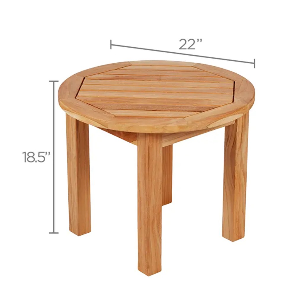 Round teak side table, 22 in wide and 18.5 in high, inset top, tapered legs