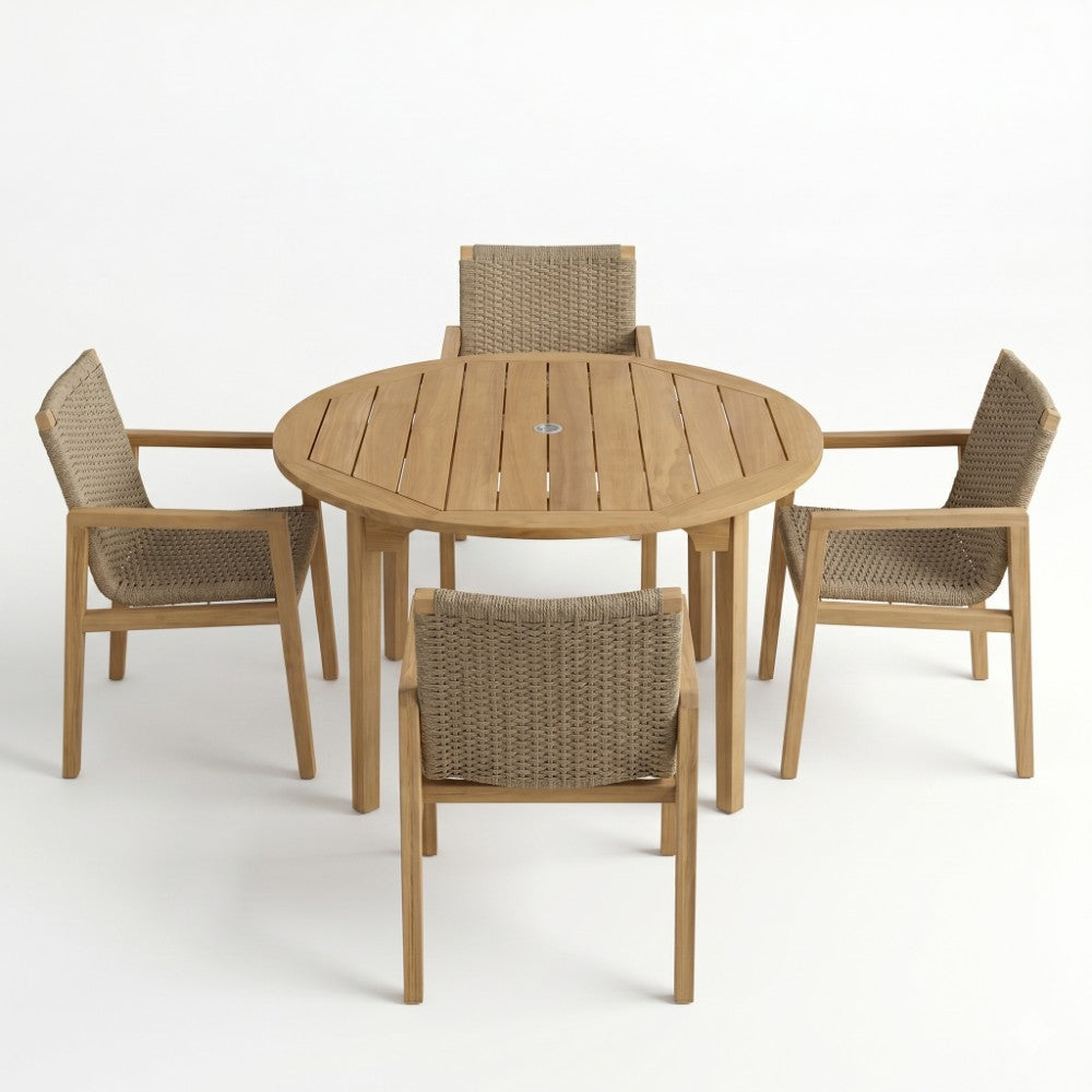 Teak round dining table with four woven-texture chairs, set for outdoor seating