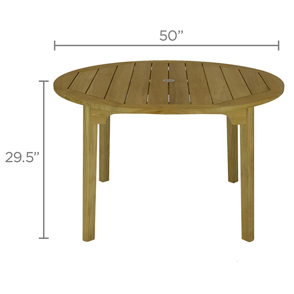 Round teak dining table, 50-inch diameter, with slatted tabletop design