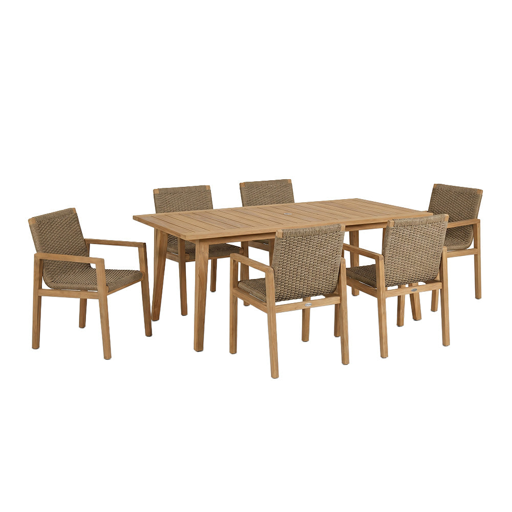 Wood dining table set with six woven chairs and rectangular tabletop, natural teak finish