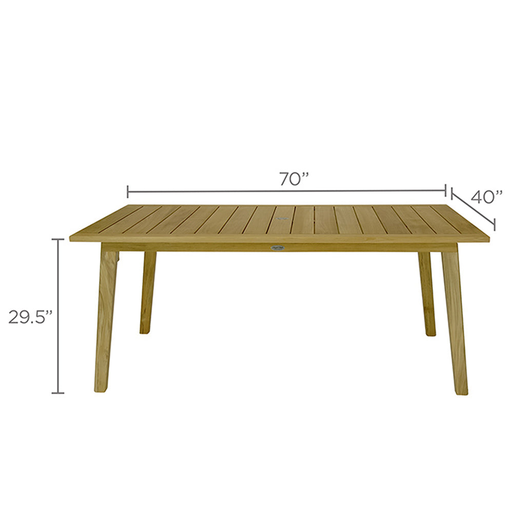 Rectangular teak dining table, 70 in by 40 in with 29.5 in height