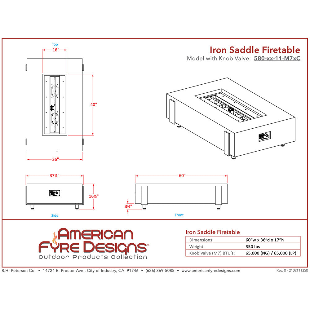 American Fyre Designs Iron Saddle 60-Inch Rectangular GFRC Chat Height Gas Fire Table