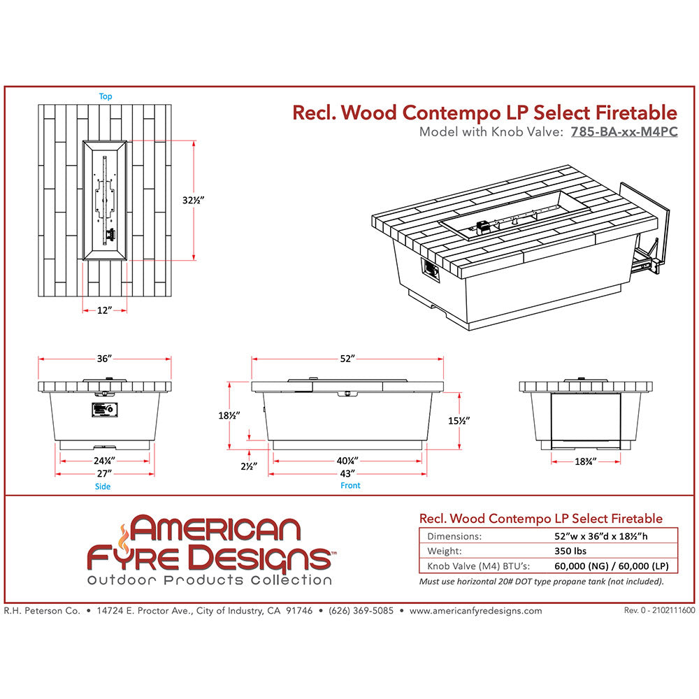 American Fyre Designs Contempo 52-Inch LP Select Reclaimed Wood Chat Height Fire Table