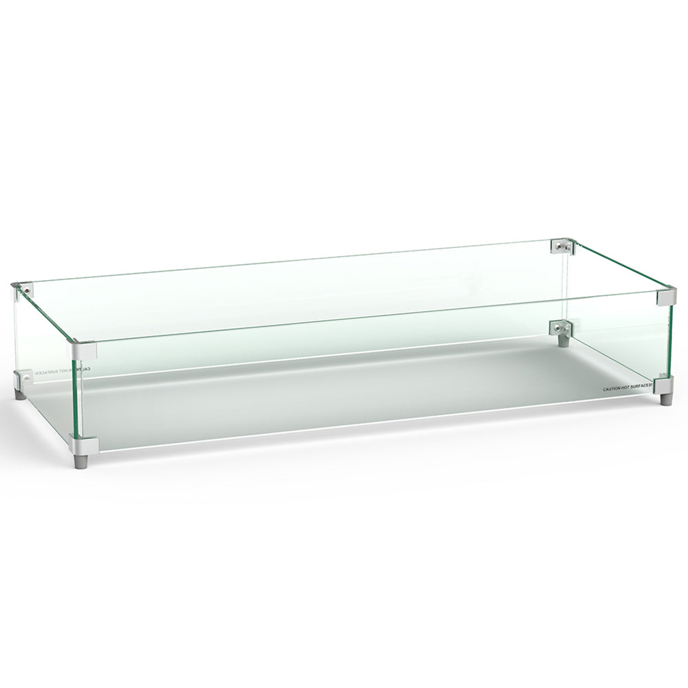 Milan glass wind guard with clear rectangular panel and metal base feet