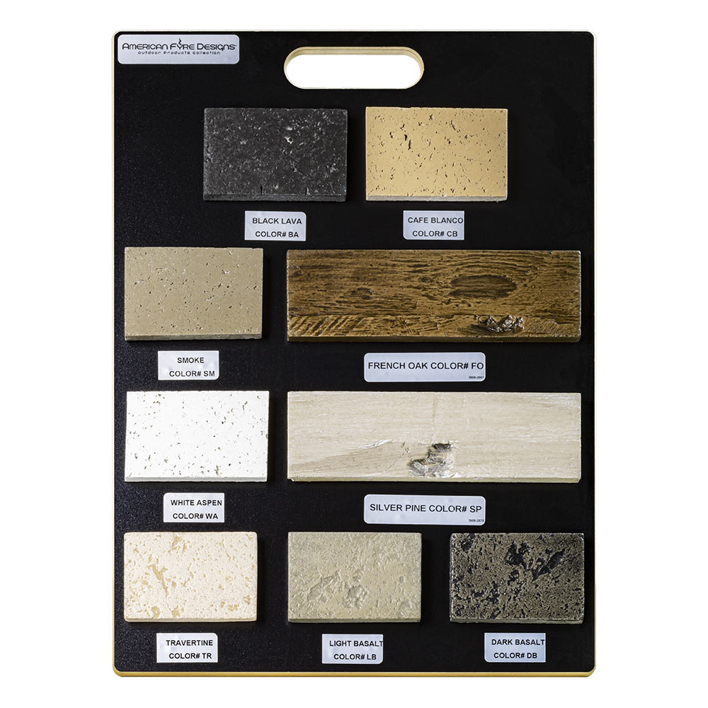 American Fyre Designs color sample board with labeled stone and wood color swatches