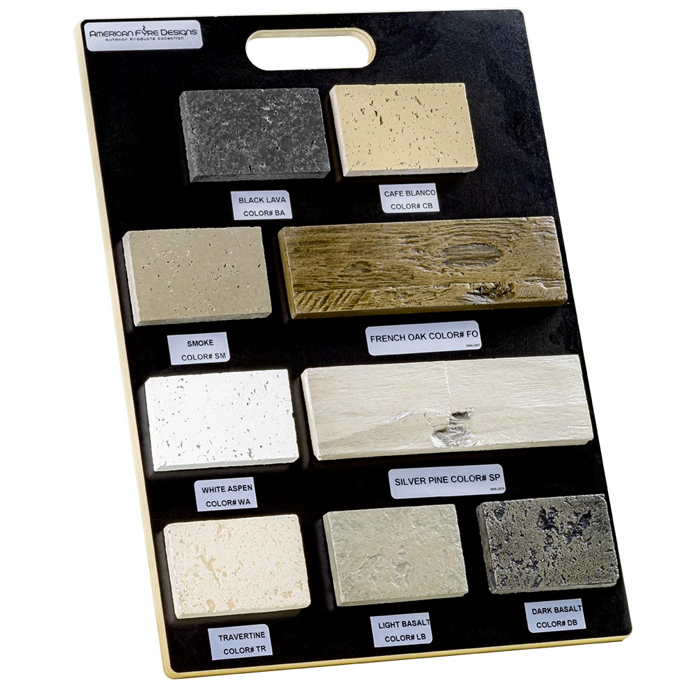 American Fyre Designs color sample board showing nine labeled finish swatches
