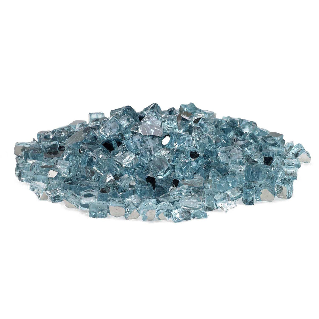 Blue glass fire media rocks, assorted faceted chunks in a pile