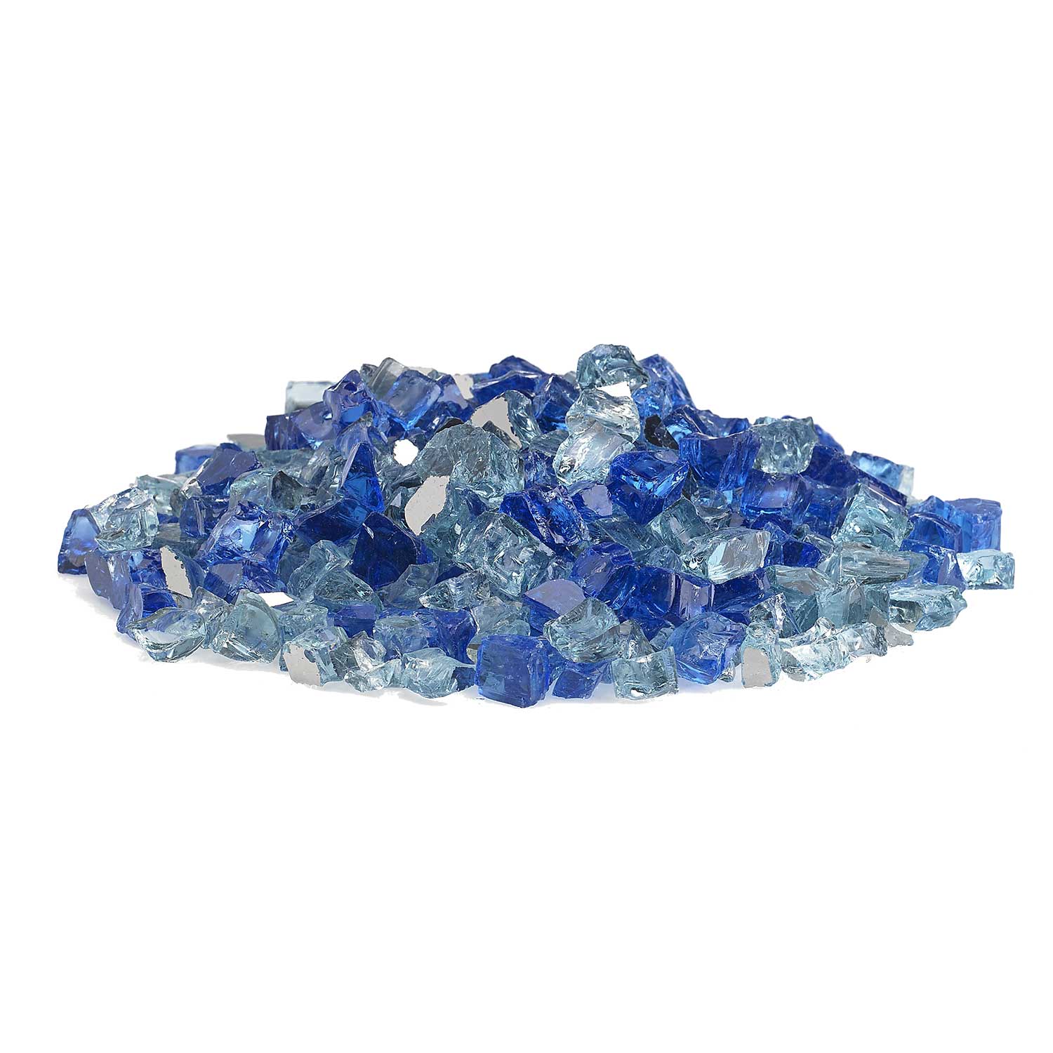 Reflective fire glass gravel pile, mixed blue and clear faceted glass chunks
