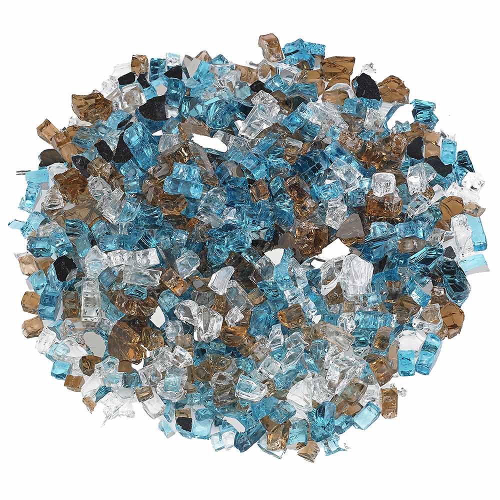Reflective fire glass pieces in blue, clear, and brown cubes, piled together