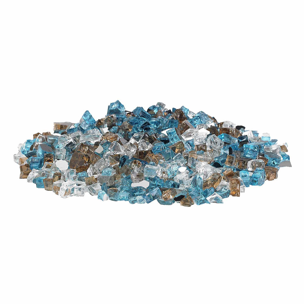 Reflective fire glass stones, mixed blue, clear, and brown pieces, spread out