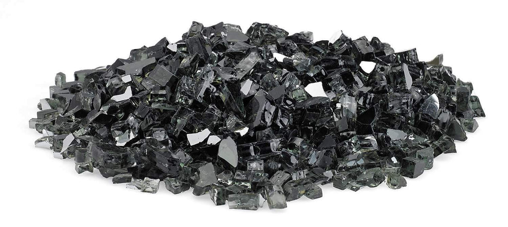Black reflective fire glass shards, mixed pieces in a spread pile.