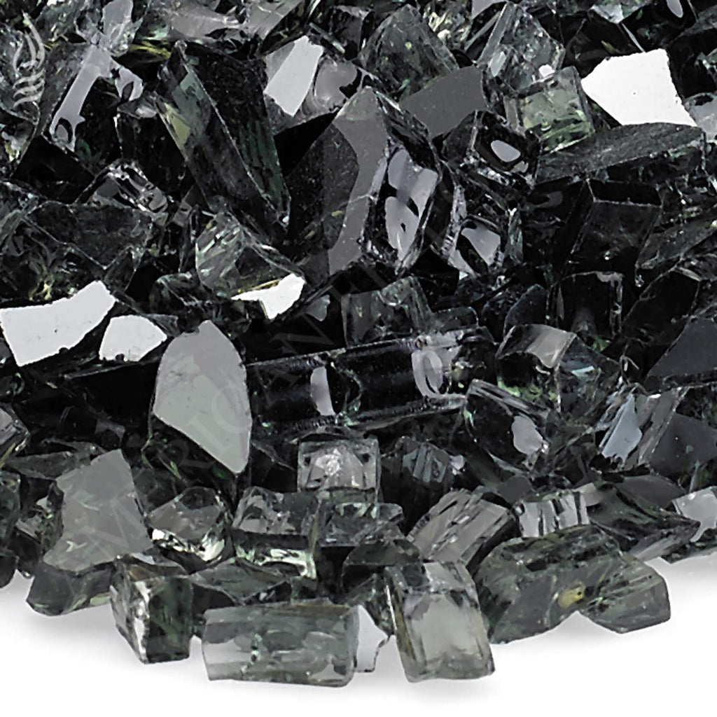 Black reflective fire glass pieces with clear highlights and sharp facets.
