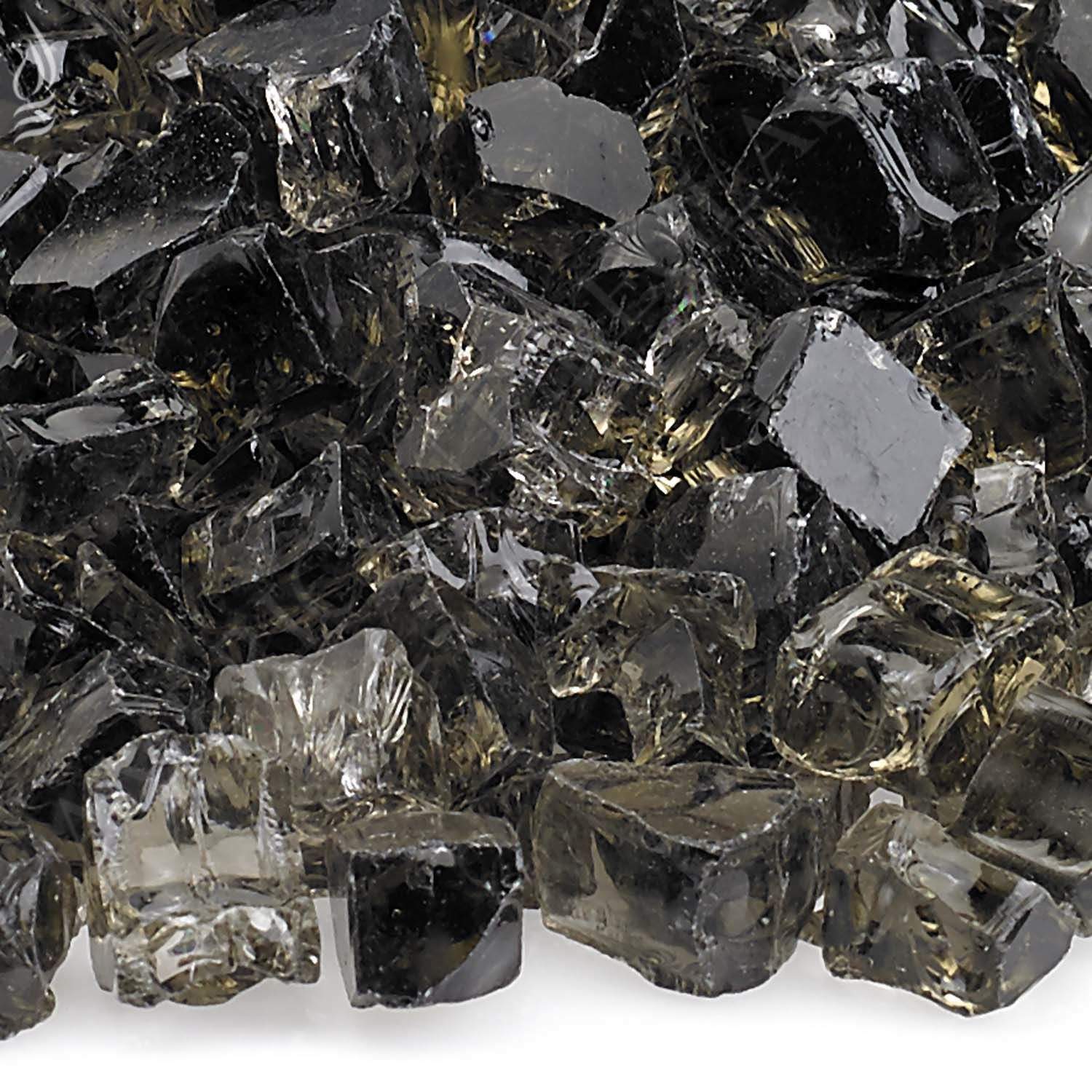 Close-up fire glass chunks with dark gray, clear, and bronze shimmer