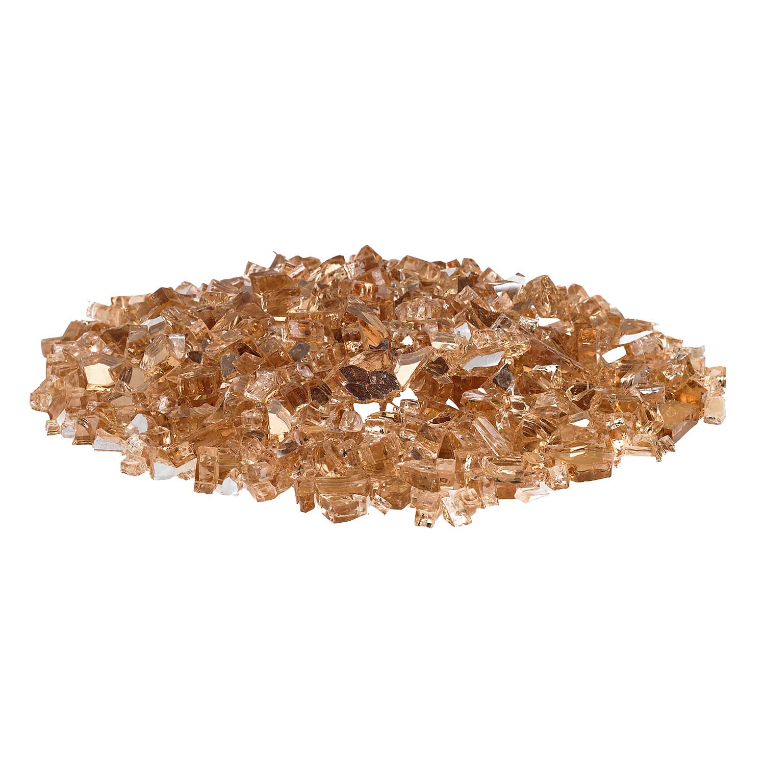 Champagne reflective fire glass, 1/4-inch crushed pieces, spread pile.