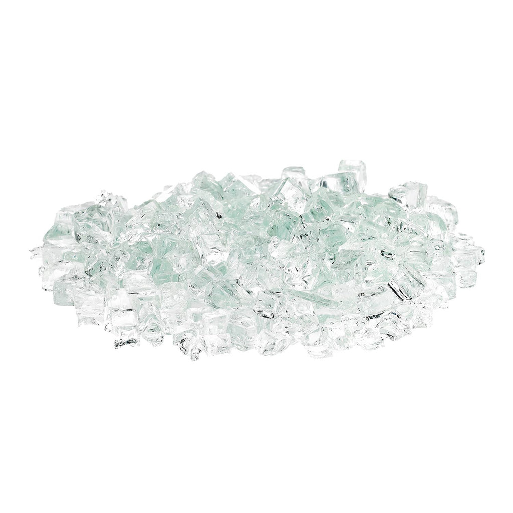 Clear and pale aqua fire glass pieces, irregular chunks in a pile