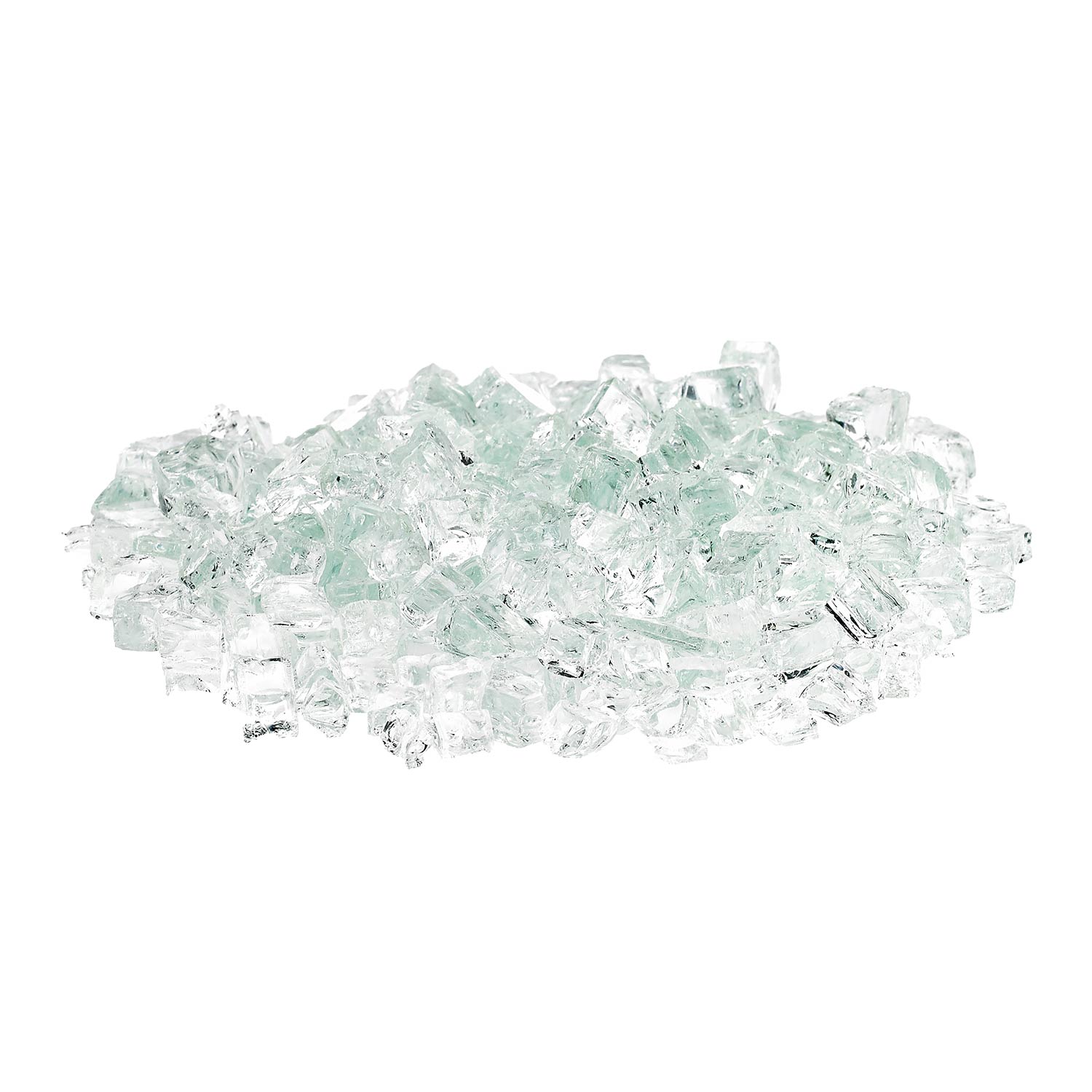 Clear and pale aqua fire glass pieces, irregular chunks in a pile