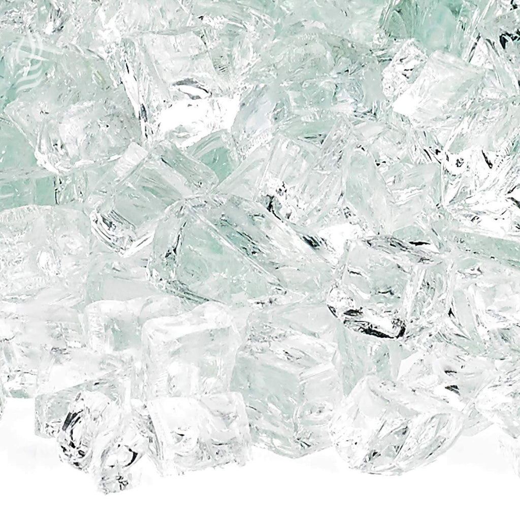 Clear and pale aqua fire glass chunks with reflective, faceted surfaces