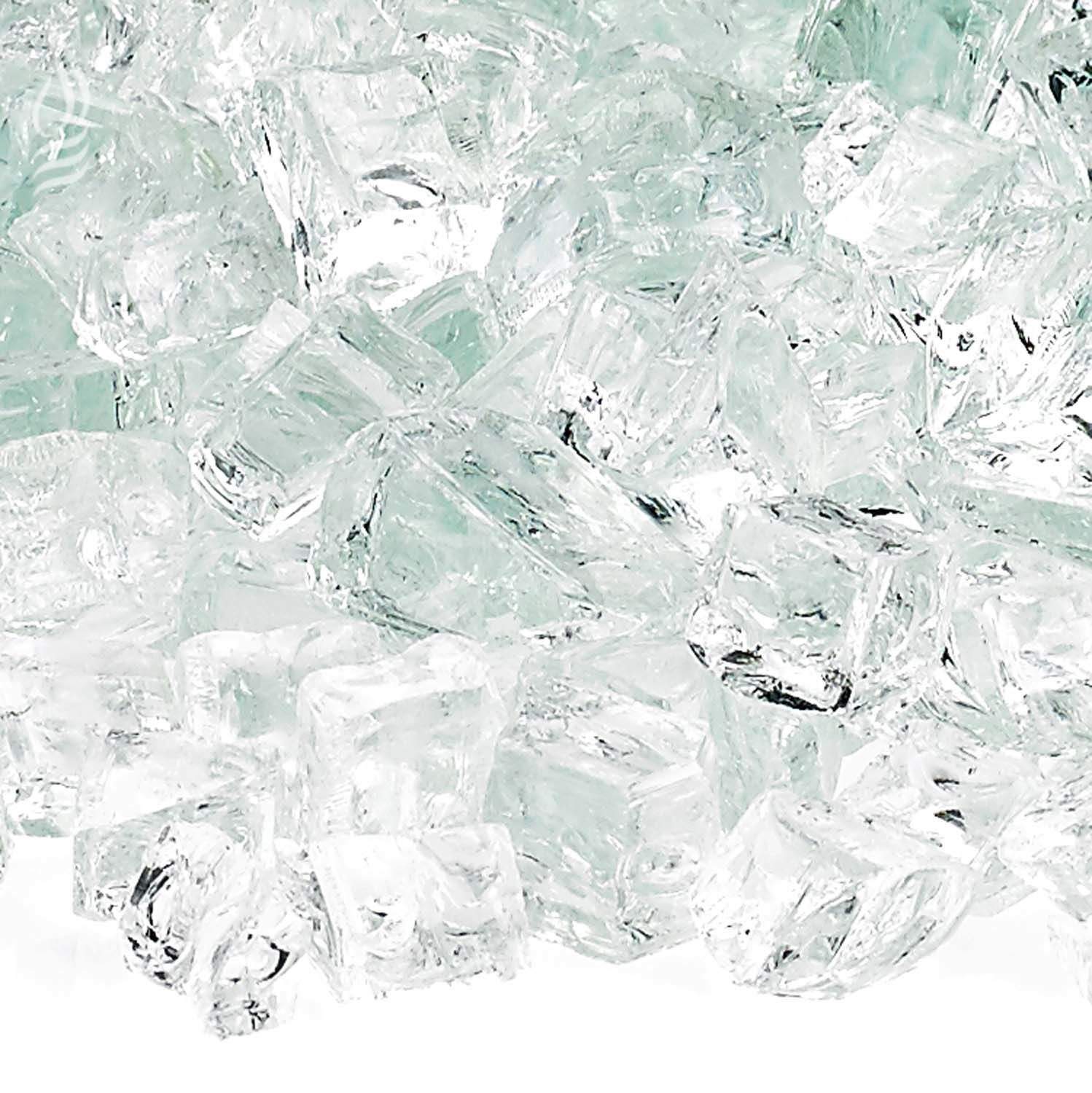 Clear and pale aqua fire glass chunks with reflective, faceted surfaces