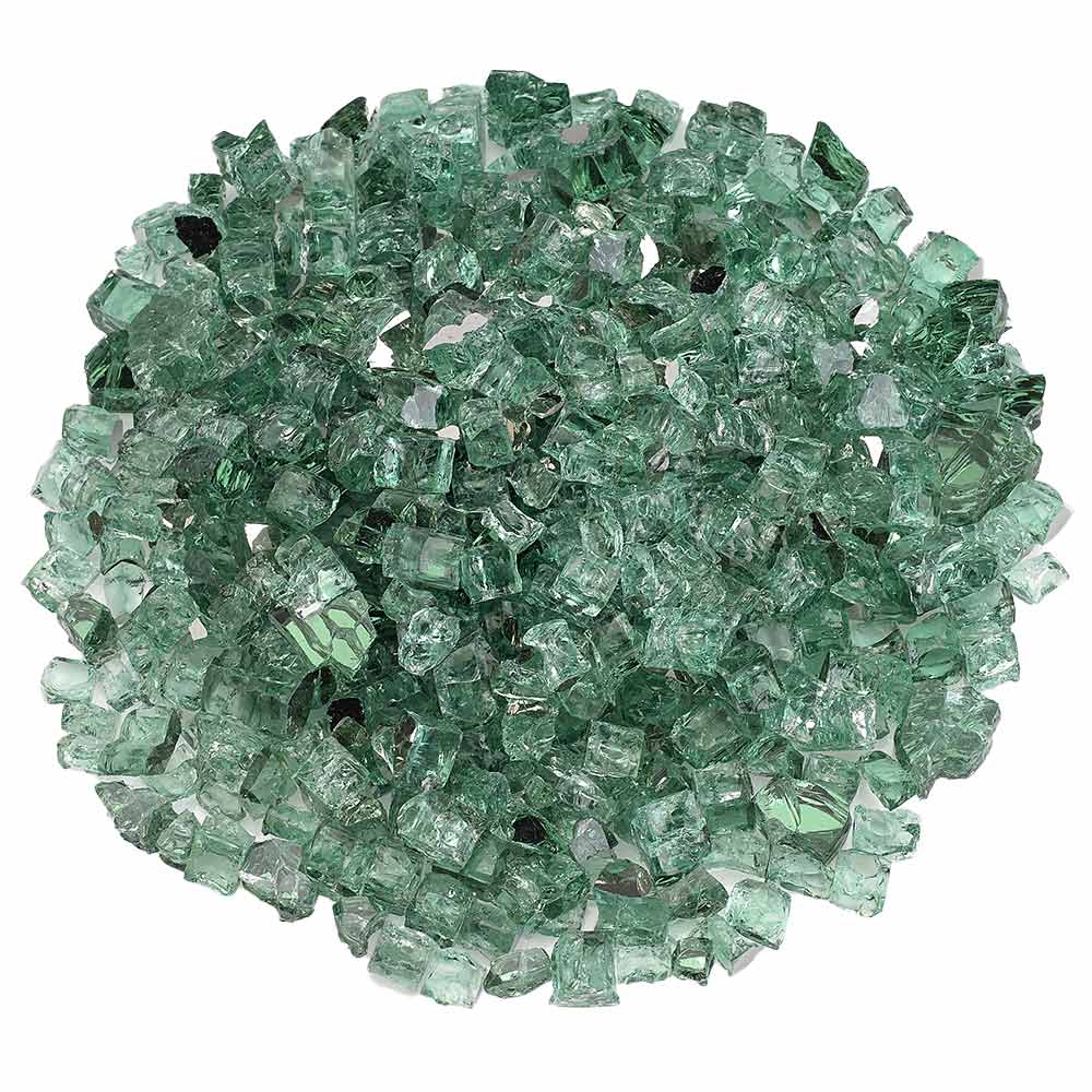 Evergreen green reflective fire glass nuggets, 1/2-inch pieces heap