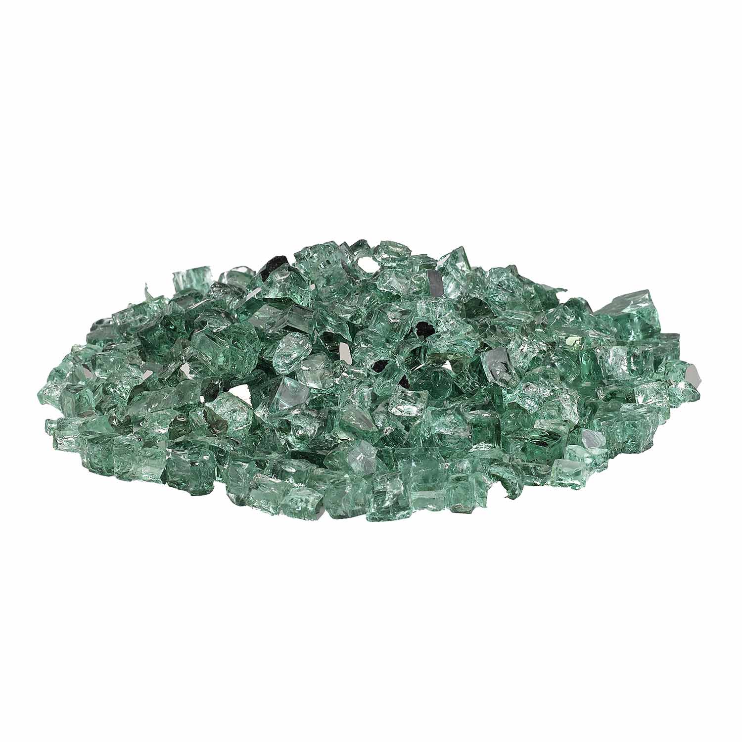 Evergreen green reflective fire glass nuggets, pile of small 1/2-inch chunks