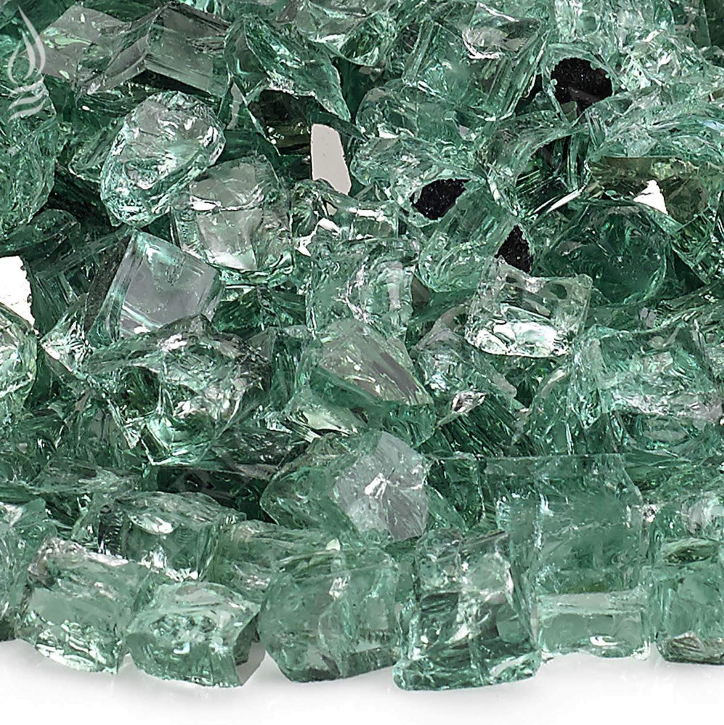 Evergreen green reflective fire glass, close-up of faceted 1/2-inch pieces