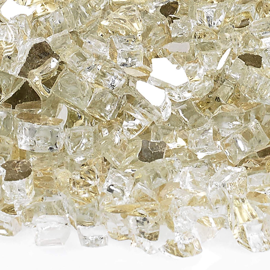 Gold and clear reflective fire glass shards, faceted 1/4-inch pieces