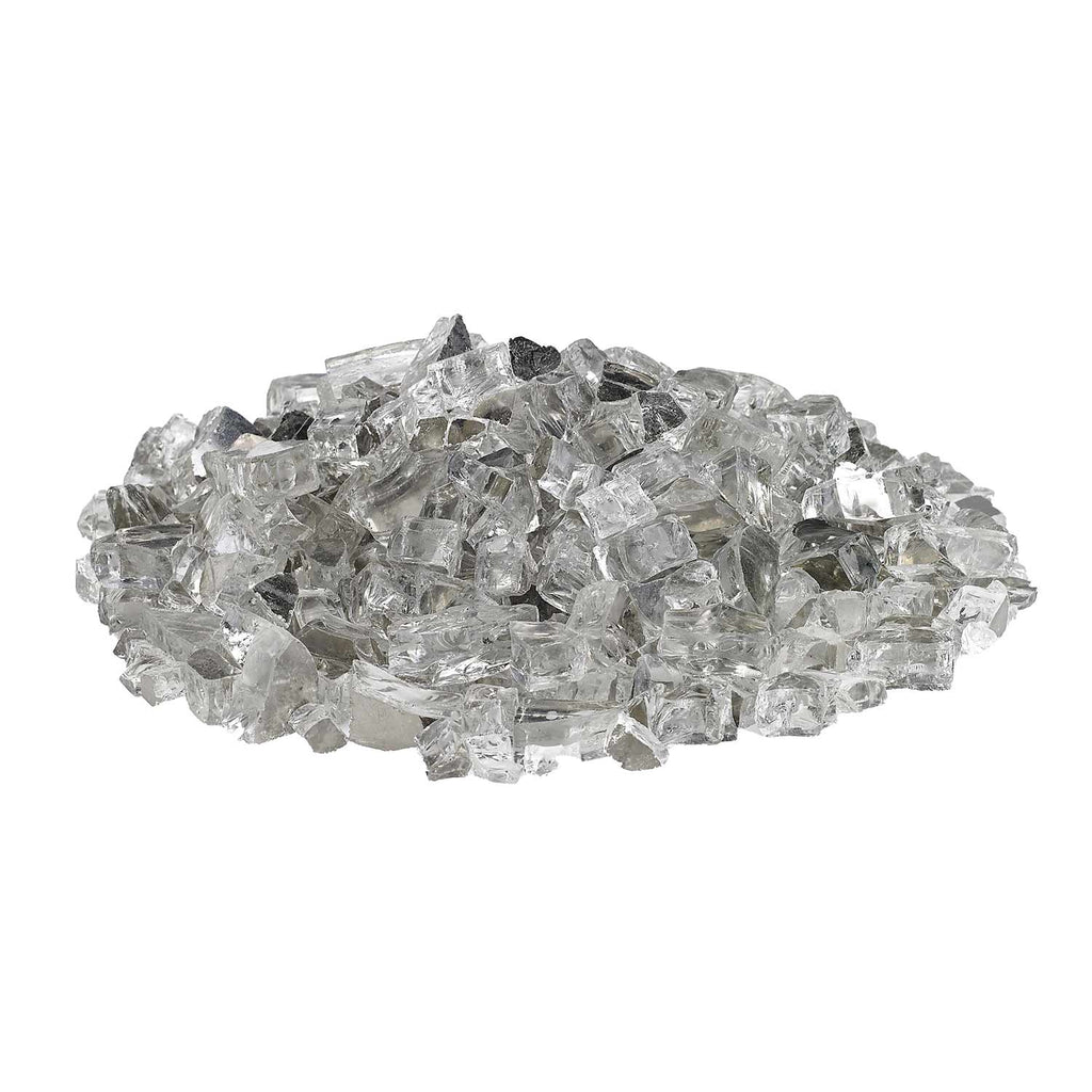 Reflective clear fire glass, scattered irregular glass pieces