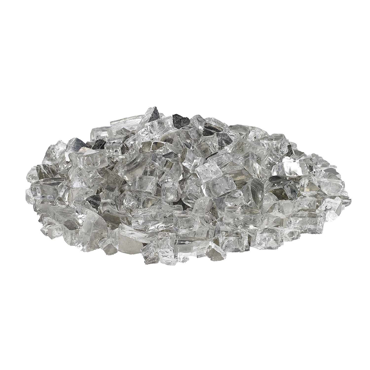 Reflective clear fire glass, scattered irregular glass pieces