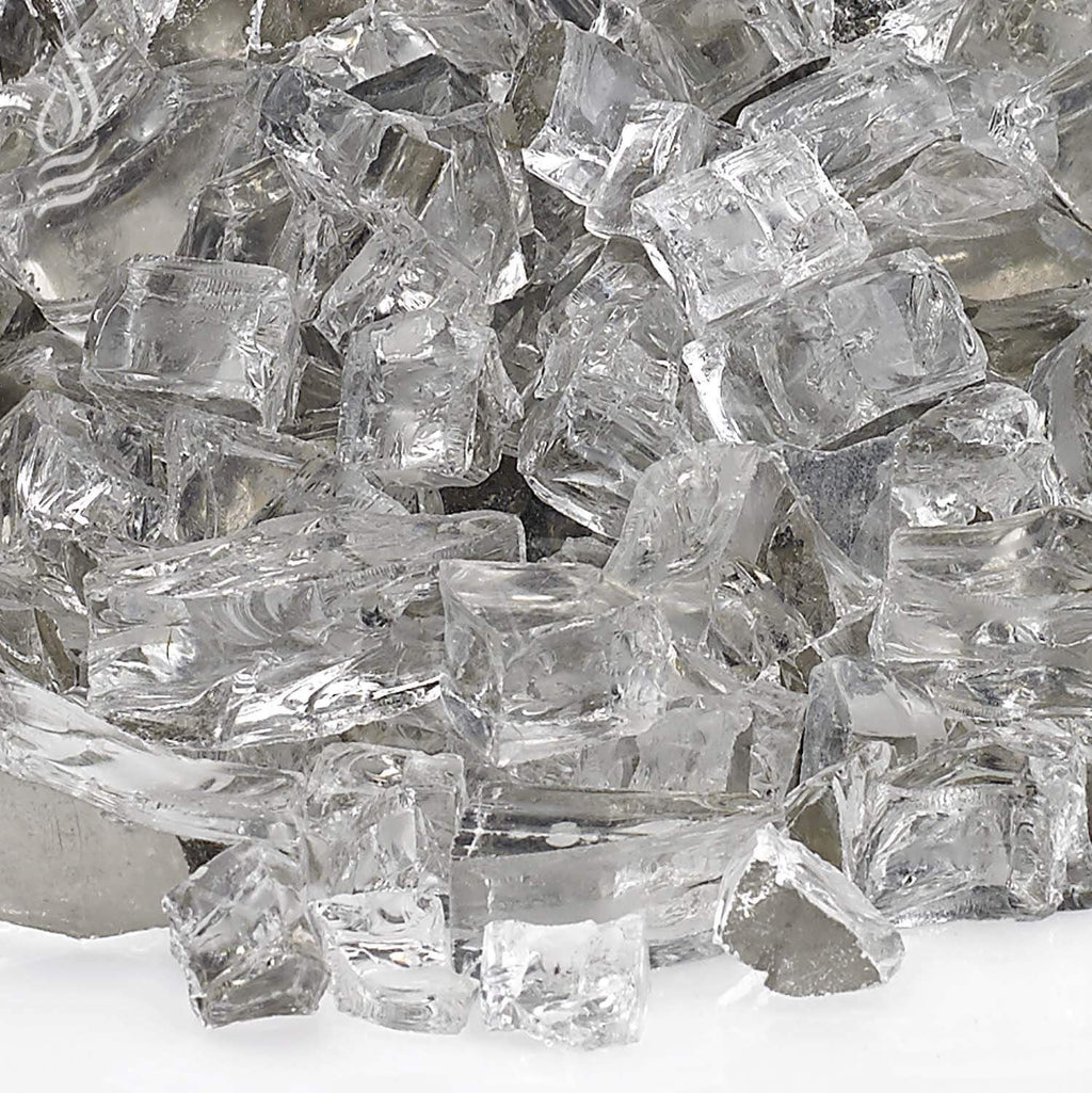 Close-up of reflective clear fire glass chunks with sharp facets