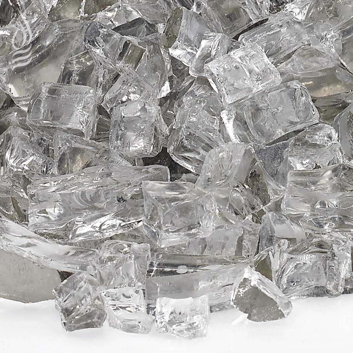 Close-up of reflective clear fire glass chunks with sharp facets