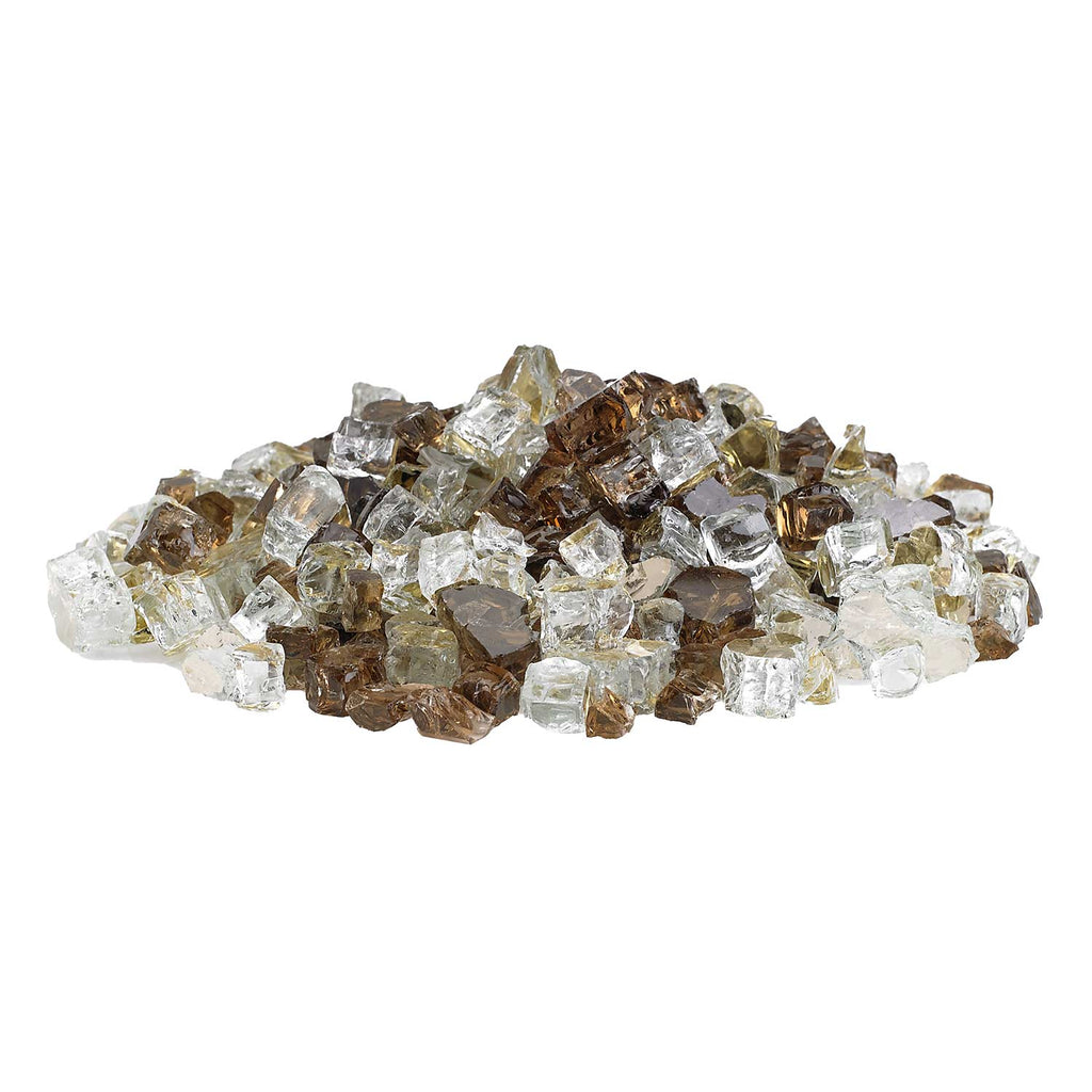 Reflective fire glass pile with clear and bronze-gold pieces, mixed brown shards