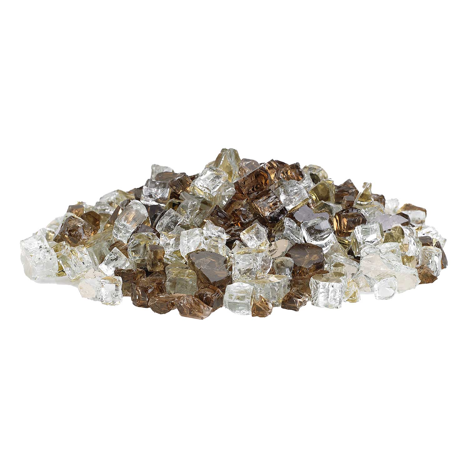 Reflective fire glass pile with clear and bronze-gold pieces, mixed brown shards
