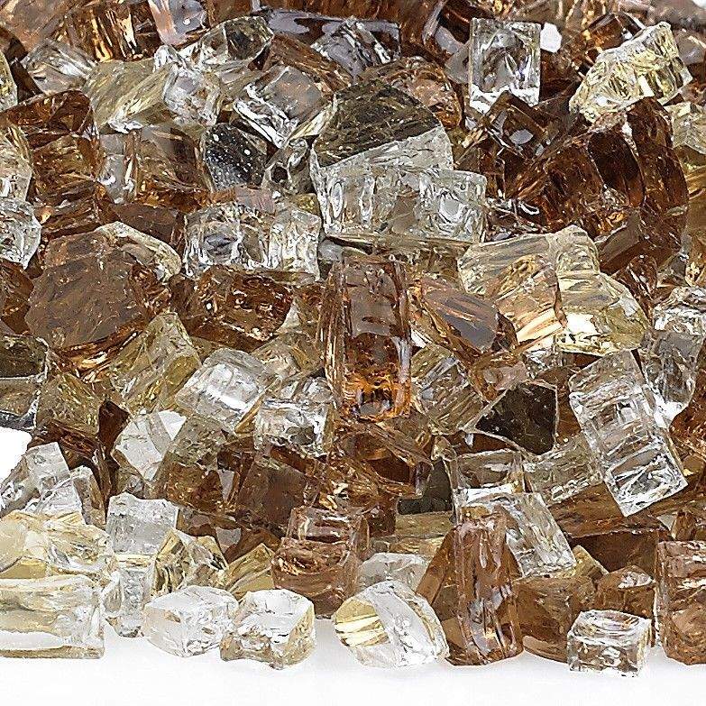 Reflective fire glass fragments in clear, smoky brown, and gold with squared edges