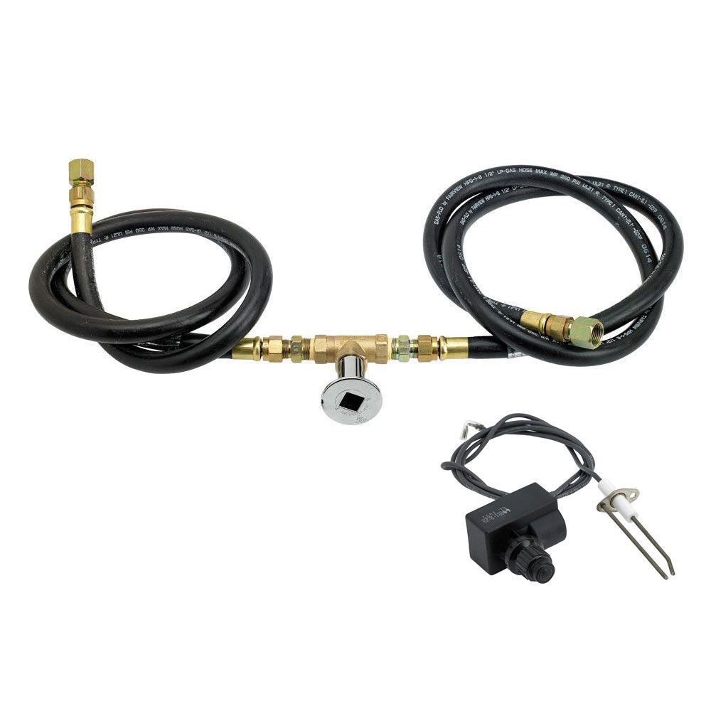 Natural gas fire pit installation kit with black hoses, brass fittings, and ignition module