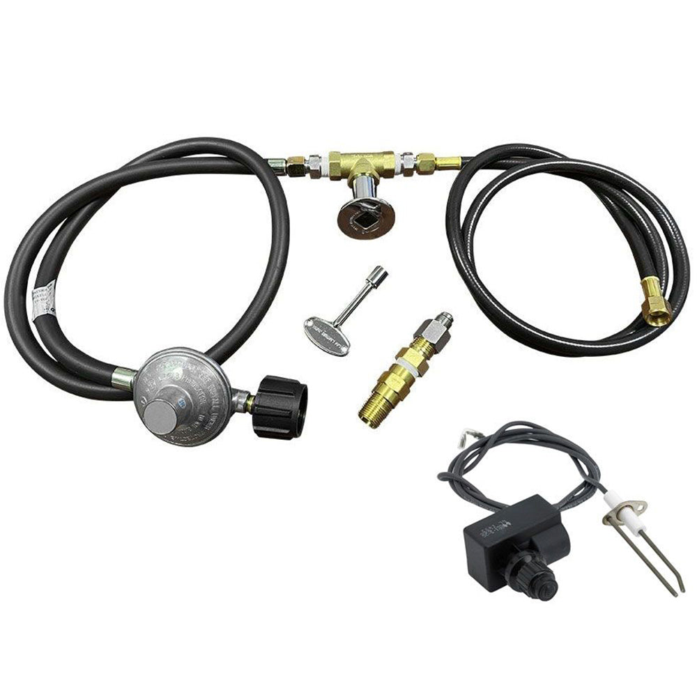 Propane fire pit installation kit with black hoses, brass fittings, regulator, and electrode