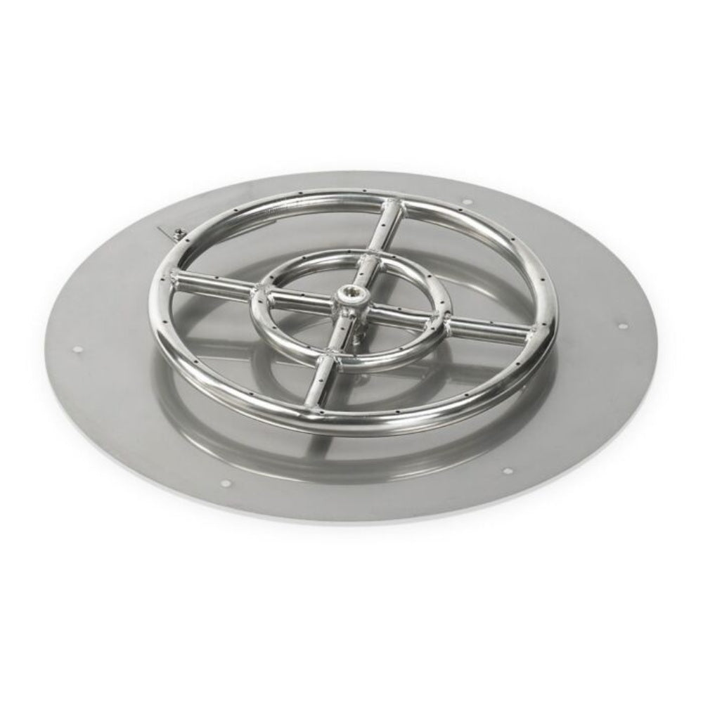Round flat fire pit burner pan with stainless steel burner ring and cross supports