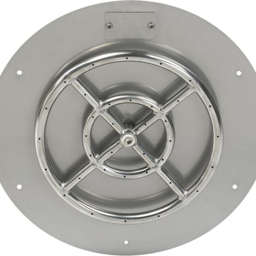 Round flat fire pit burner pan with stainless steel burner ring and central gas inlet