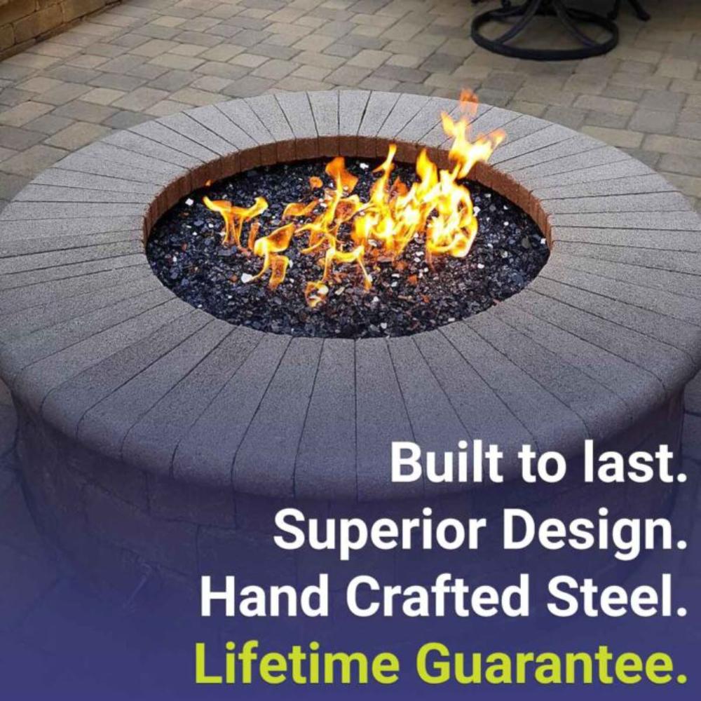 Round fire pit burner area with visible flames and glowing burner pan ring