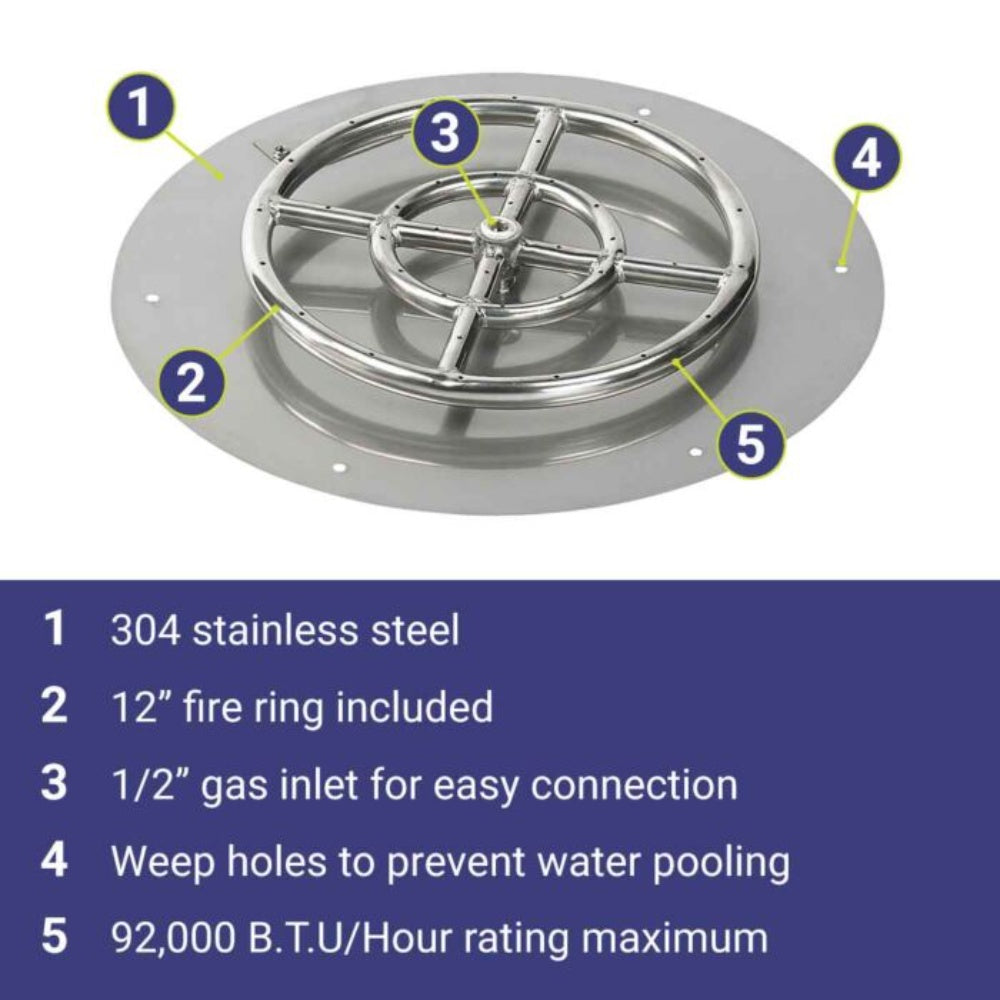 Round flat fire pit burner pan diagram with labeled features and numbers