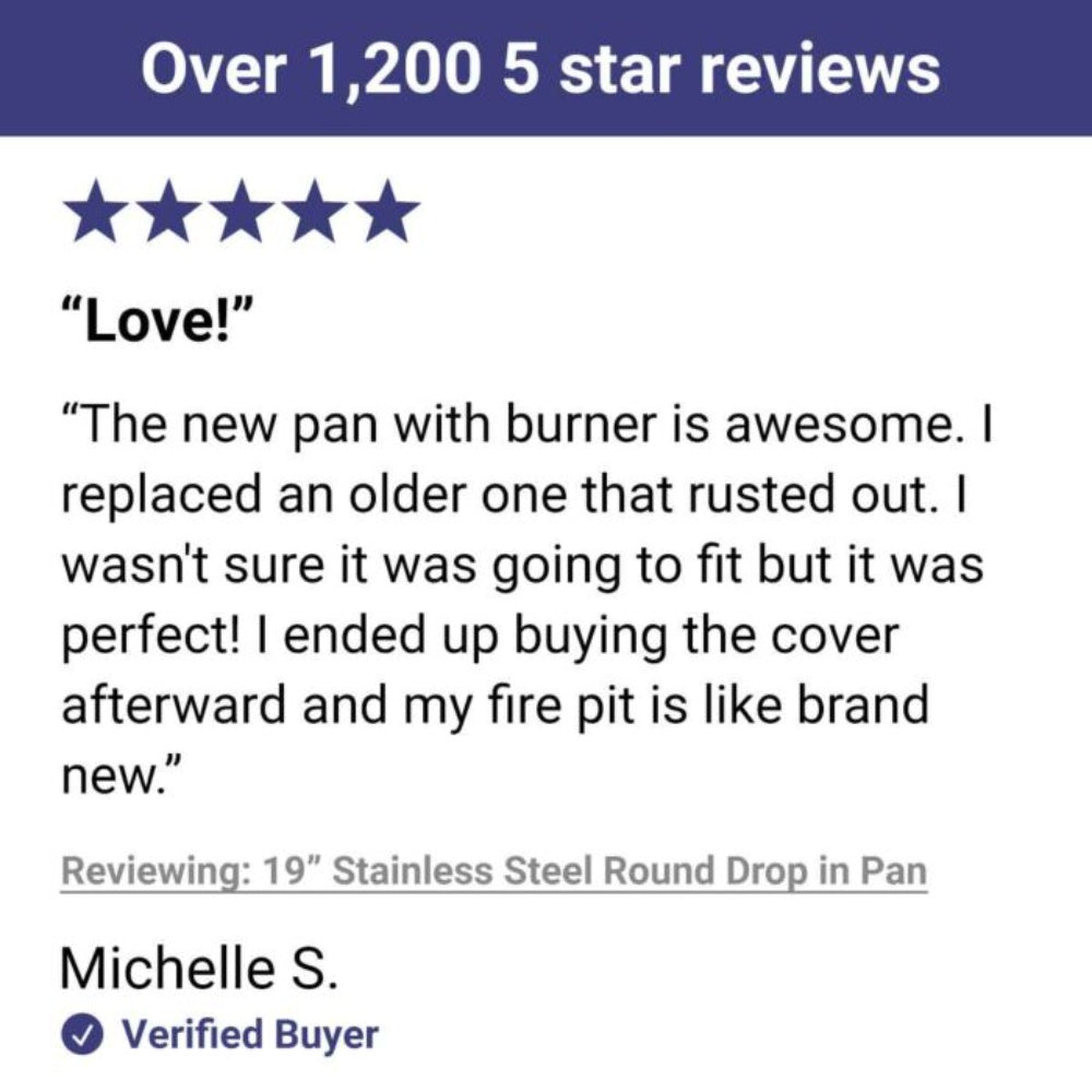Customer review screenshot mentioning a stainless steel round drop-in pan and burner