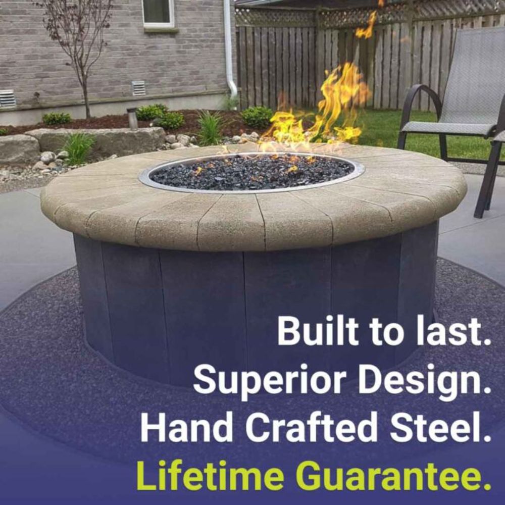 Round stainless steel drop-in fire pit pan with burner, installed outdoors