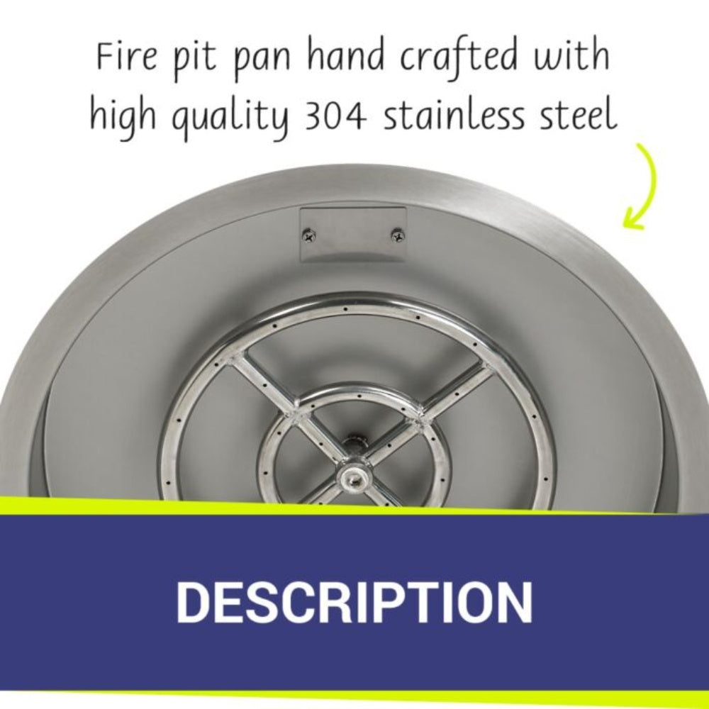 Stainless steel round fire pit pan with burner assembly and mounting holes