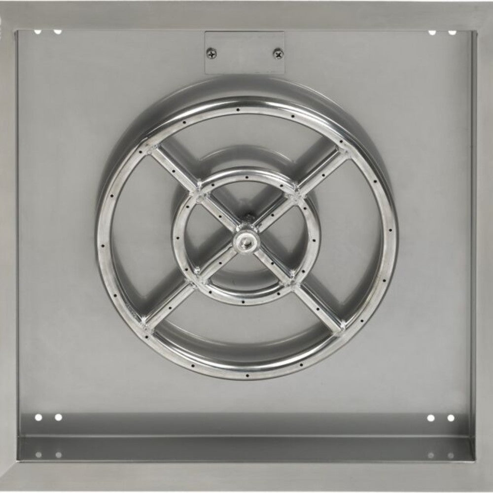 Close-up of stainless steel burner ring inside square drop-in fire pit pan