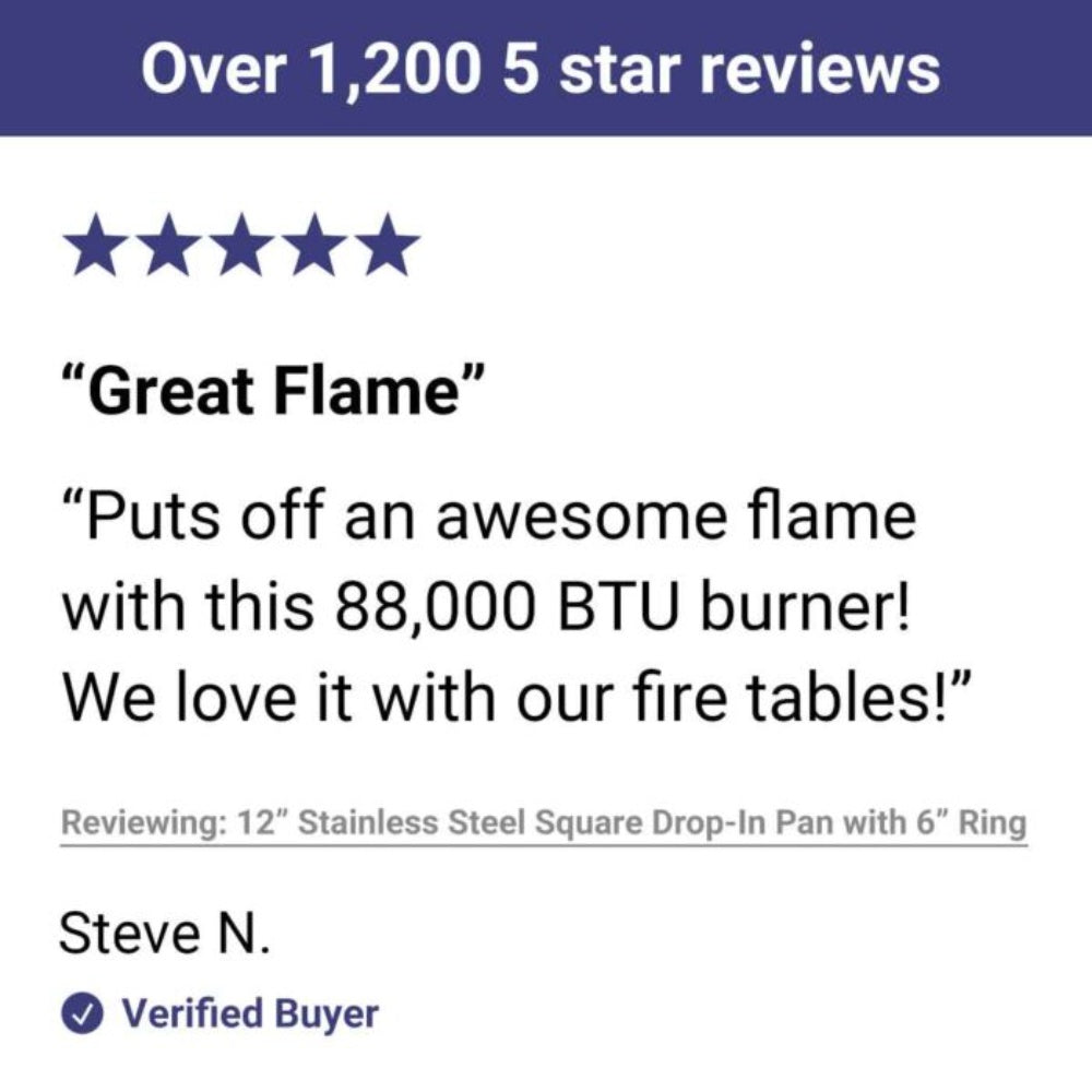 Stainless steel square drop-in fire pit burner pan with 6-inch burner ring