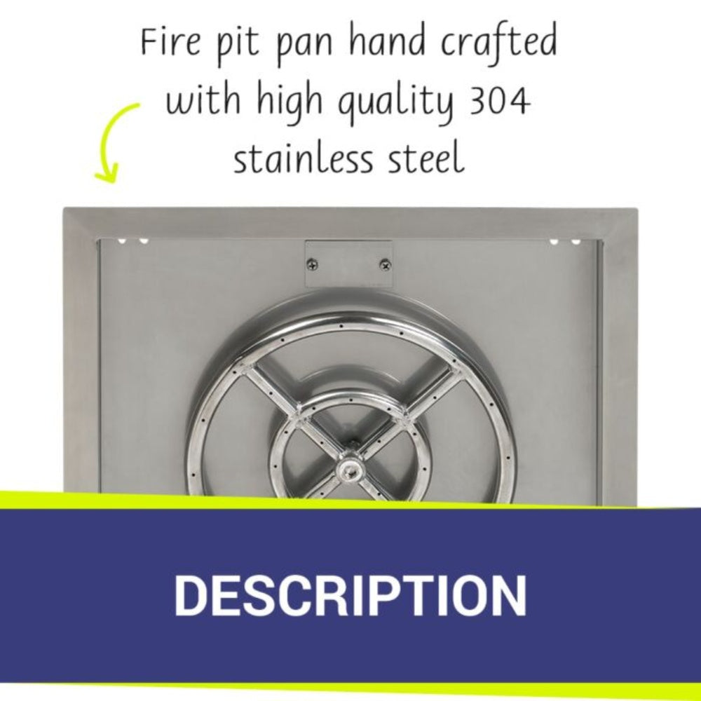 Close-up view of circular burner assembly in stainless steel square drop-in pan