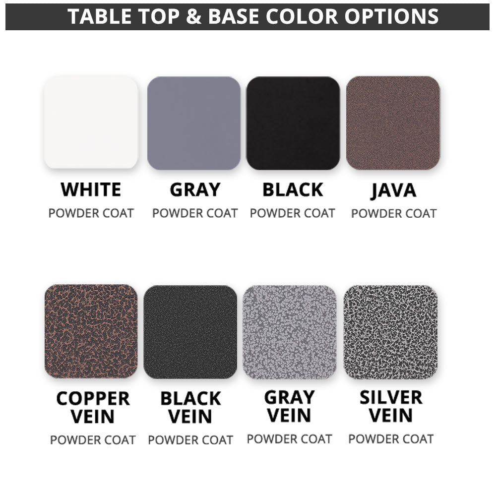 Powder coat color option swatches for linear gas fire pit table: white, gray, black, java