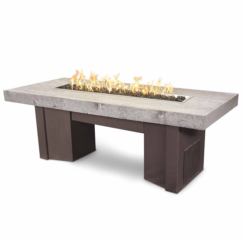 Concrete and steel linear gas fire pit with flames, gray tabletop and dark base
